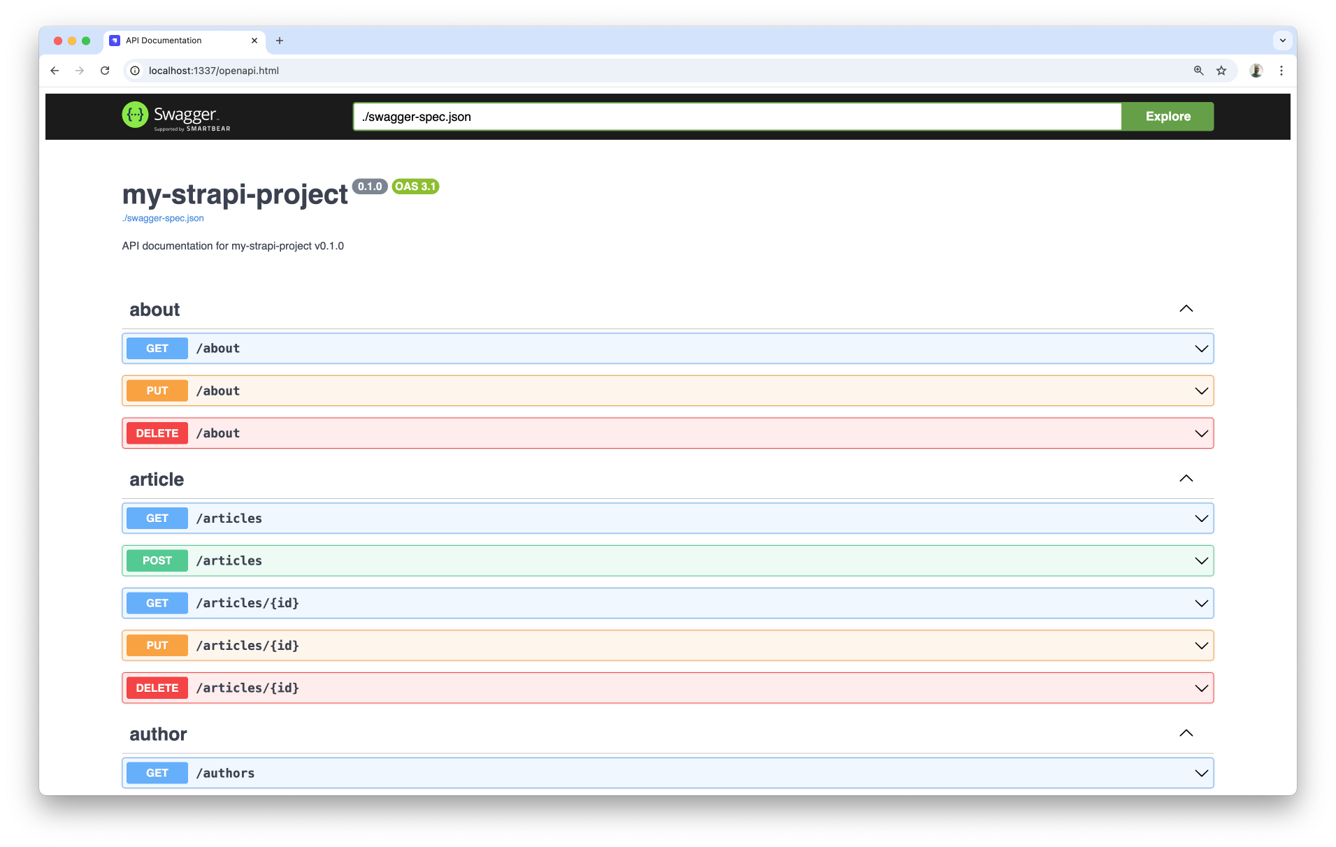 Swagger UI example with Strapi OpenAPI specification