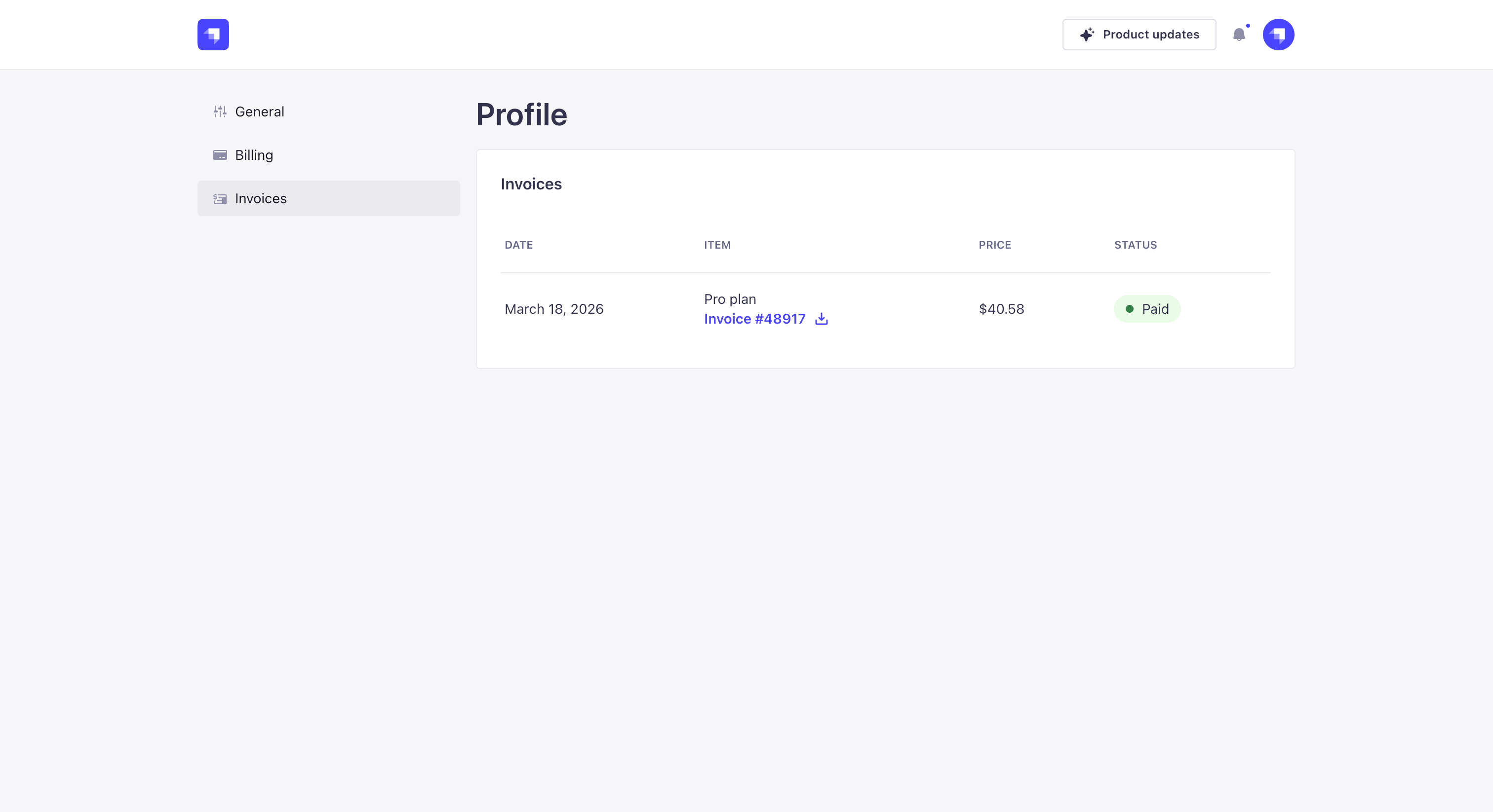 Invoices tab of Profile page